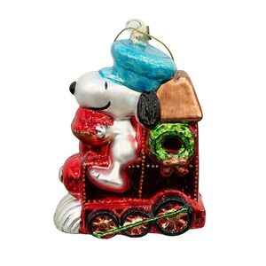 Kurt Adler Snoopy Conductor Train Glass Ornament Woodstock Hand Painted Peanuts